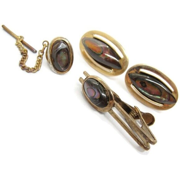 Vintage Cufflinks Round Gold Plated Abalone With Tie Tack And Tie Clip - Picture 1 of 14